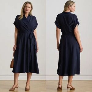 Lauren Ralph Lauren Plus Size Belted Crepe Surplice Neck Maxi Dress Sz 16